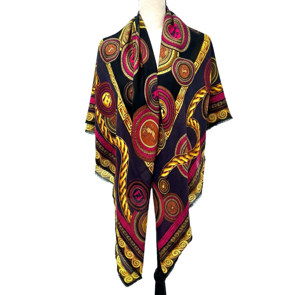 FENDI WOOL & SILK ZODIAC SIGNS IN BLUE, BLACK, PINK & GOLD FOULARD SCARF